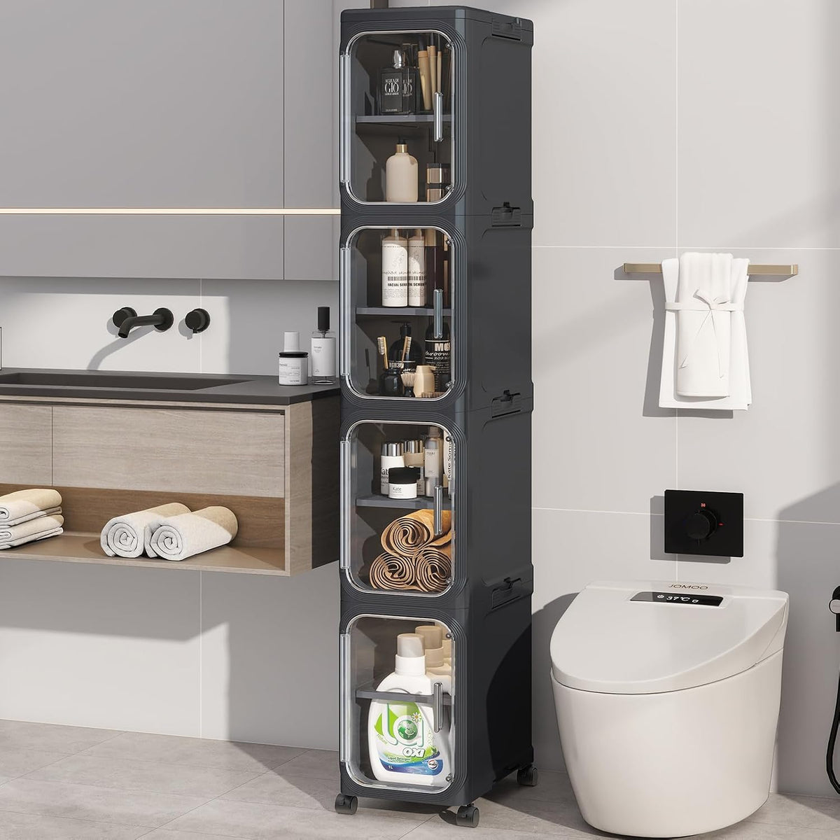 4 Tier Slim Bathroom Storage Cabinet, Foldable and Movable, Black