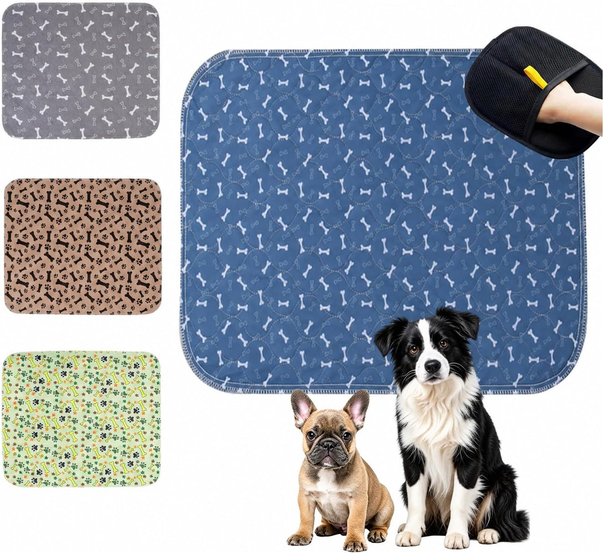 Puppy Pads with Pheromones, Washable Pee Pads for Dogs Potty Training, Reusable Dog Mat with Pet Hair Removal Gloves for Playpen, Crate, Whelping Box (Blue,M)