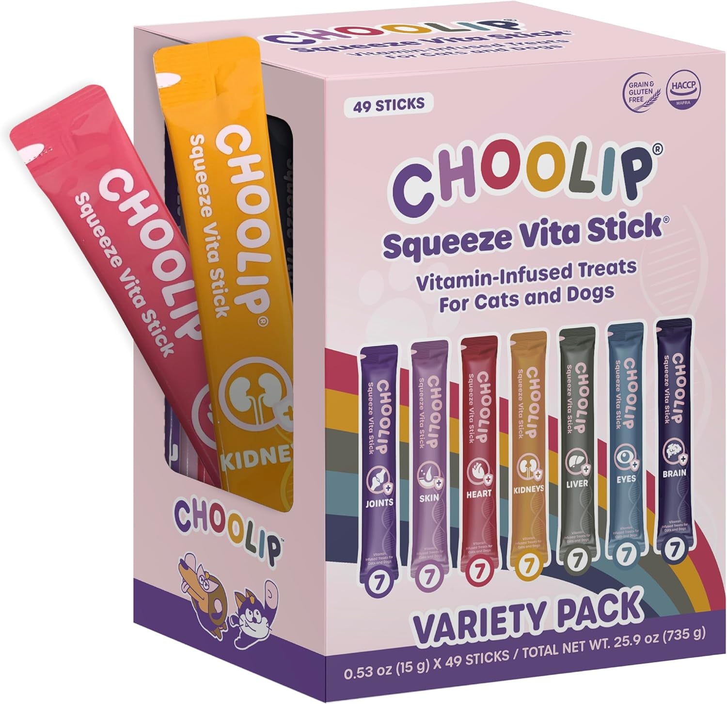 Choolip Squeeze Vita Stick Lickable Cat and Dog Treats – 49-Count Variety Pack – Real Meat Puree with Multivitamins for Total Pet Wellness – Grain-Free, High-Moisture, Vet-Formulated