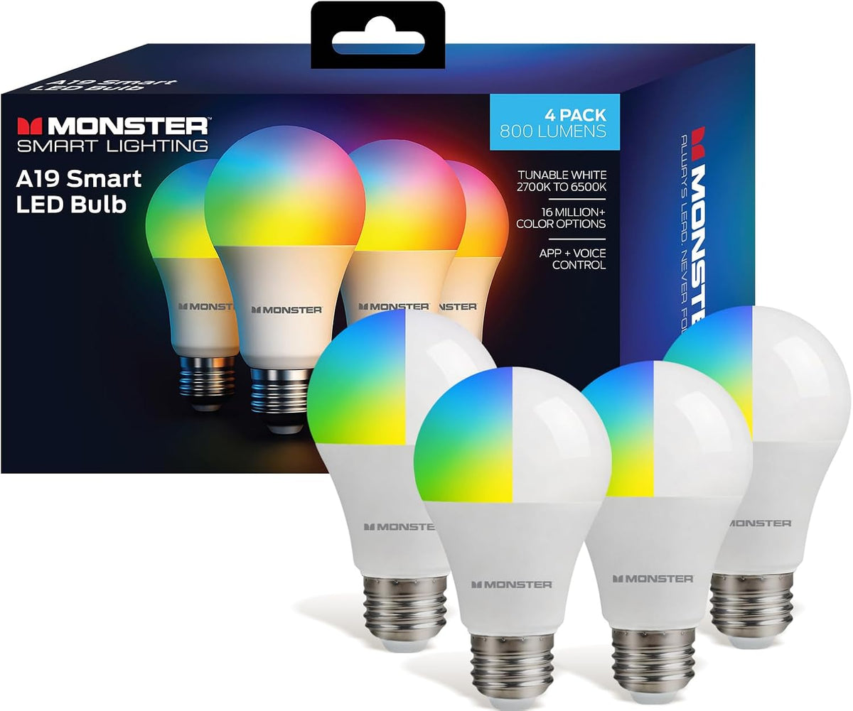 Monster Smart LED Light Bulbs Wifi Color Changing Bulbs, Dimmable Multicolor & Tunable White, Compatible with Alexa & Google Home, A19, 800 Lumens