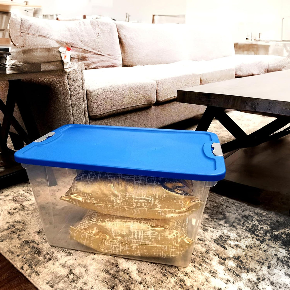 HOMZ Clear Plastic Storage Bin with Secure Latching Blue Lid, 64 Qt, 2 Pack