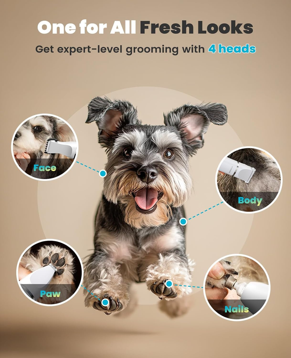 Oneisall 4 in 1 Dog Grooming Kit with LCD Display, Dog Hair Trimmer for Paw Nail Grinder, Rechargeable Cordless Low Noise IPX7 Waterproof Pet Clippers (White)