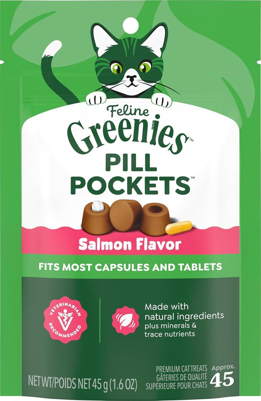Greenies Feline Pill Pockets for Cats Natural Soft Cat Treats, Salmon Flavor, 1.6 Oz. Pouch (45 Treats)