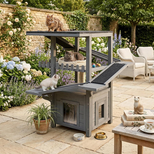 4-Tier Outdoor Cat House, Pine Wood Climbing Tower, Gray