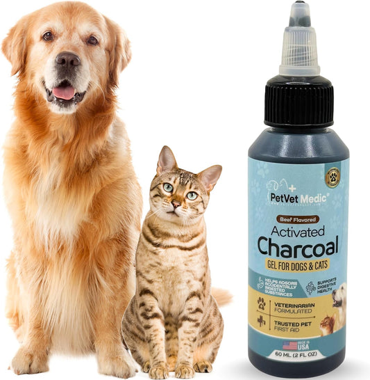 Petvet Medic Activated Charcoal for Dogs, Cats & Puppies – Emergency Pet First Aid Gel for Accidental Ingestion, Beef-Flavored Digestive Paste, Veterinarian-Developed, Made in USA, 60 Ml