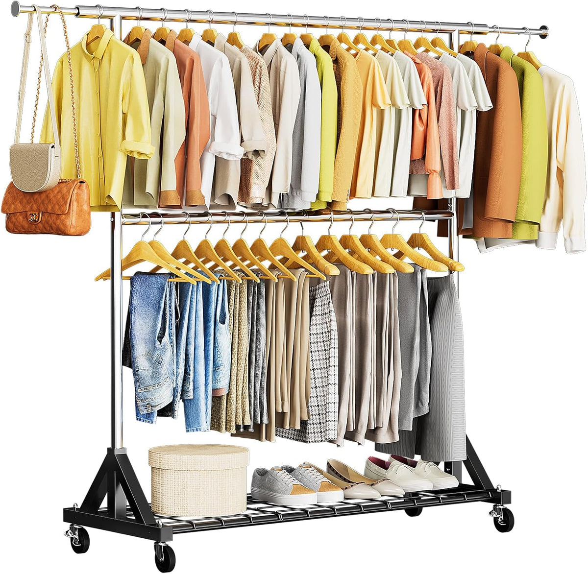 Luxspire Heavy Duty Clothes Rack with Lockable Wheels Load 600 LBS, Silver