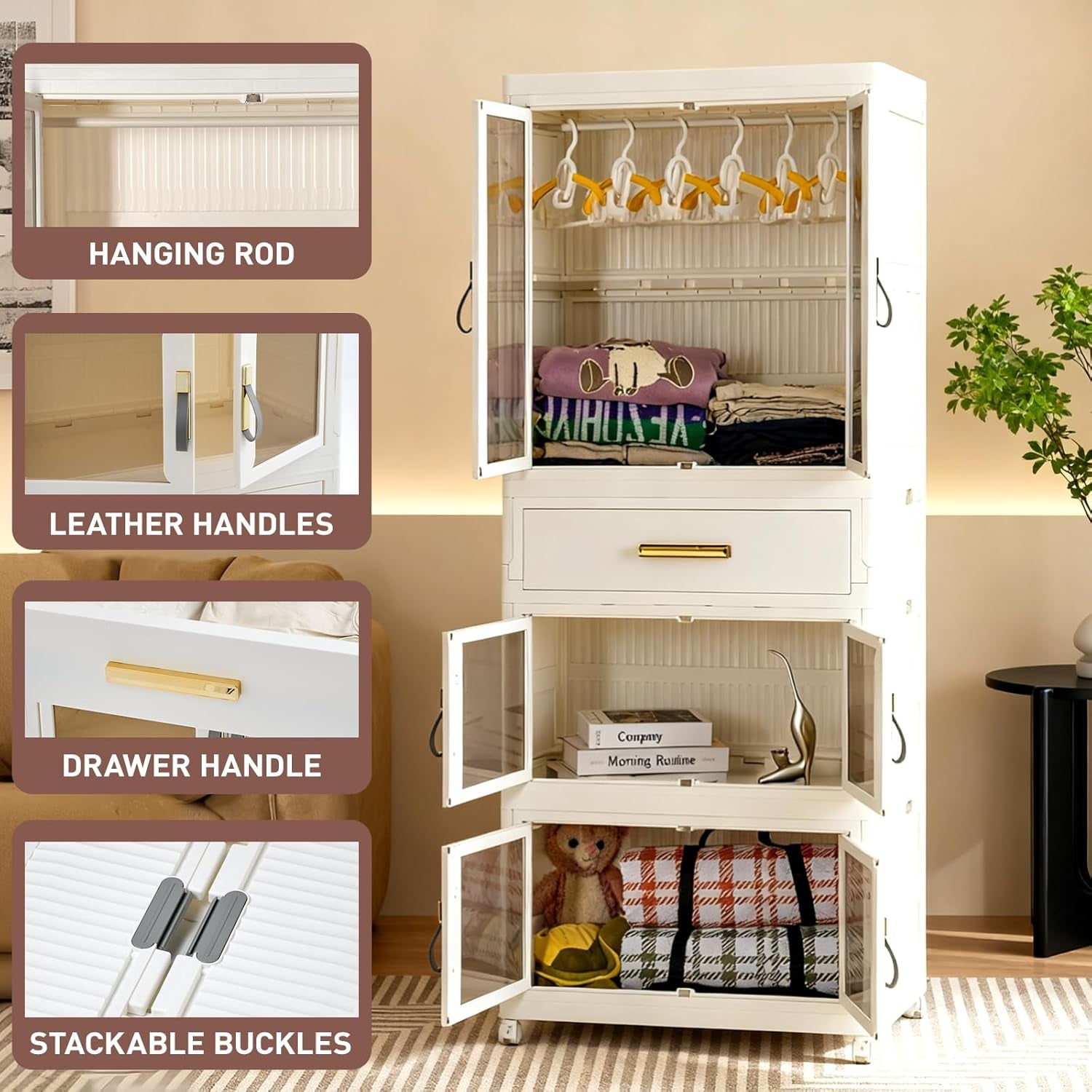 SAYMA Pet Portable Wardrobe Closet with Doors, Pet Wardrobe Storage Cabinet with Hanging Rod Storage Organizer Large Plastic Storage Cabinet for Pet Clothes, Toys, Snacks(3 Layer+Drawer)