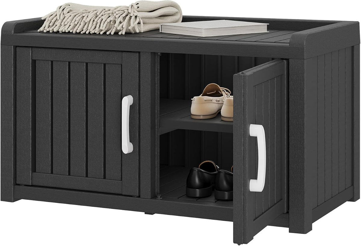 Shoe Storage Cabinet, Waterproof & Uv-Resistant Outdoor Shoe Rack Bench, Entryway Shoe Storage Bench with 2 Doors & Adjustable Shelves for Entryway, Bedroom, Hallway, Living Room(Black)