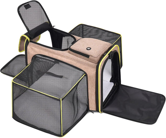 Pet Carrier, Large Soft Sided Expandable Travel Carrier with Steel Frame, Anti-Scratch Mesh, Removable Fleece Pad and Pockets for Cats, Dogs and Small Animals up to 15 Lbs (Brown, 4 Sides Expandable)