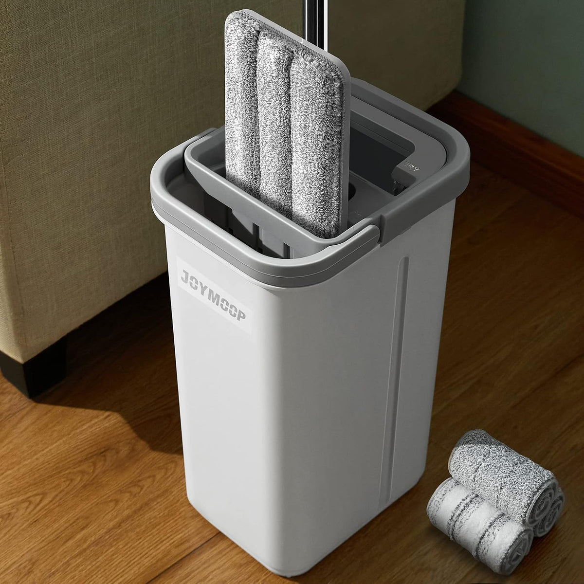 JOYMOOP Flat Mop System, Wall Mop and Bucket Set, Commercial, White, 3 Pads, Wet and Dry Microfiber Mop for Hardwood, Tile, Laminate and Vinyl Floors, Easy to Assemble and Use for Daily Floor Cleaning