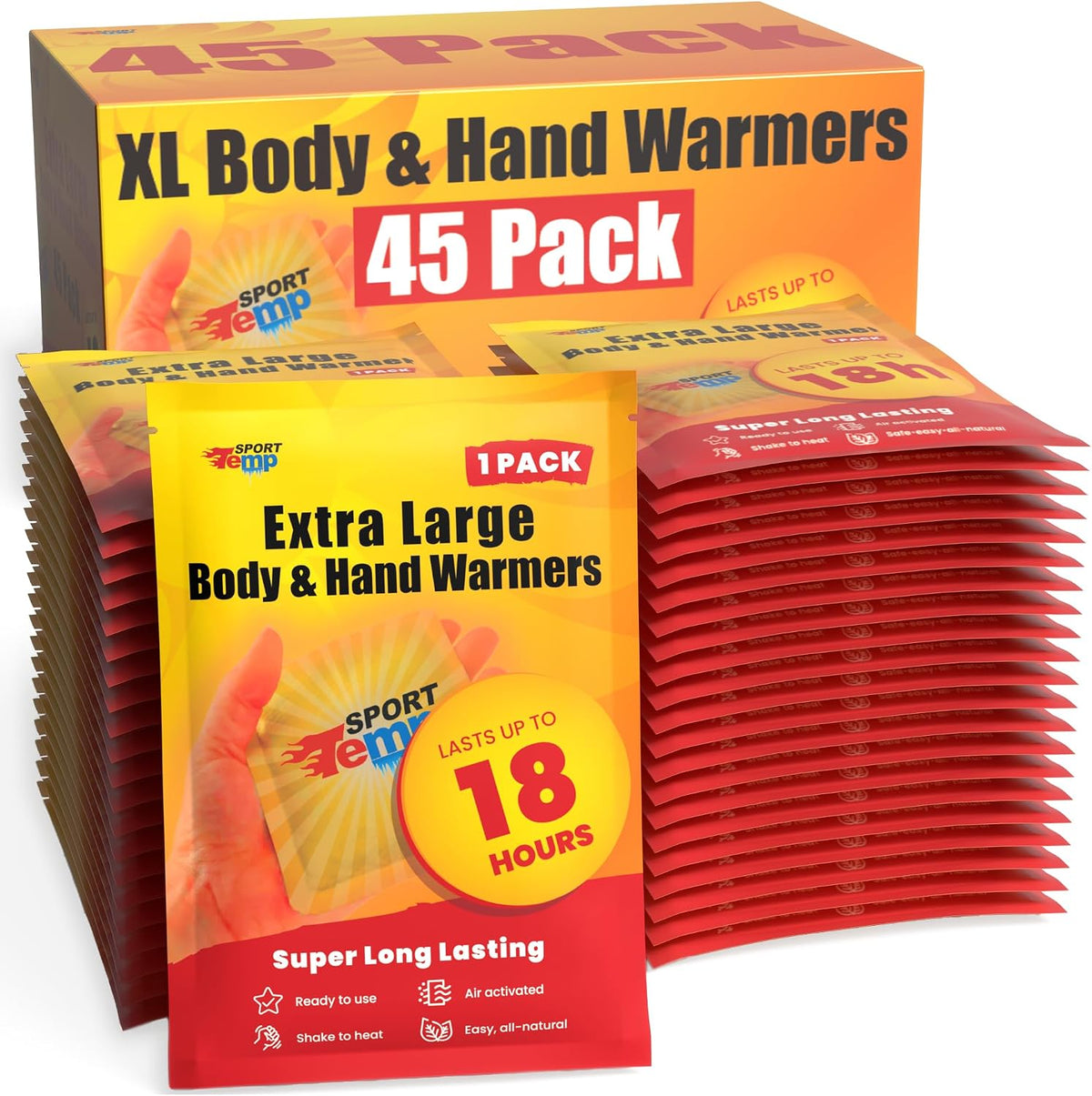 Large Hand & Body Warmers - up to 18 Hours of Heat, Super Long Lasting - Easy, All Natural - Air Activated, for Body, Hands & Toes - Odorless Hot Hand Warmer - Sport Temp