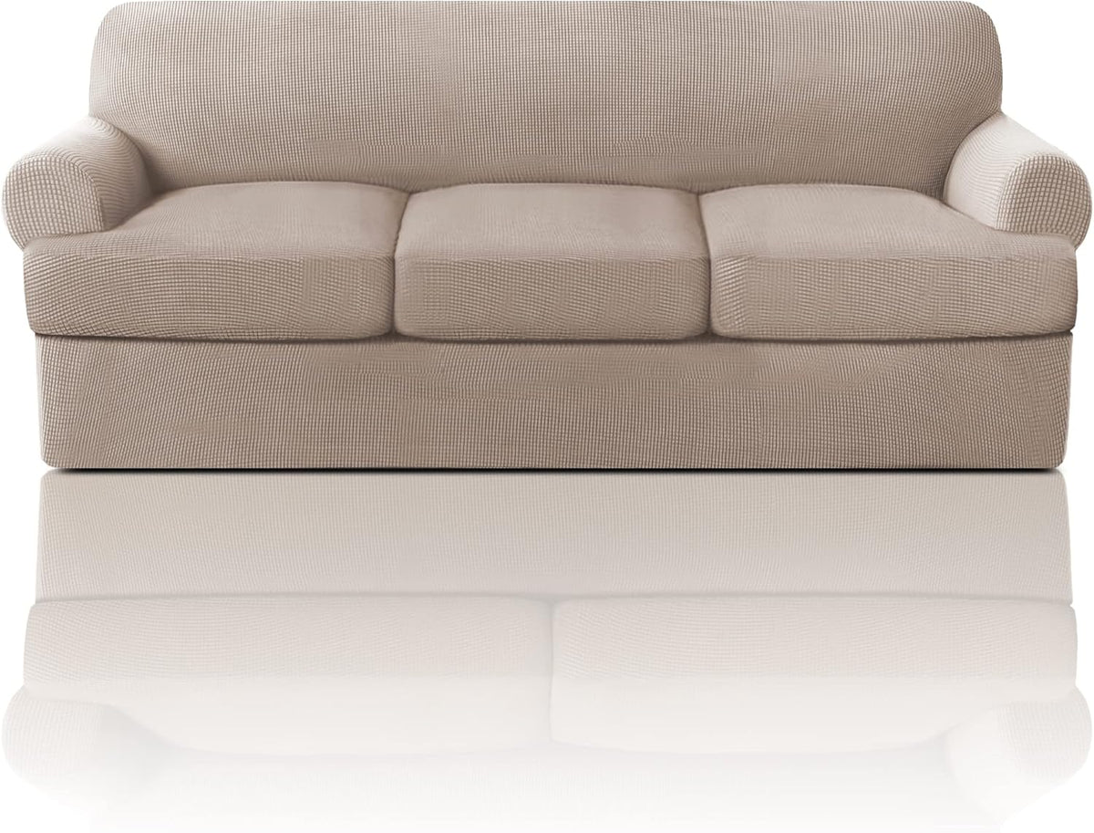 Princedeco T Cushion Sofa Slipcover 4 Pieces Sofa Covers for T Cushion Couch Soft Sofa Slip Covers Furniture Protector with 3 Individual T Shape Seat Covers Width up to 88 Inch, Sand