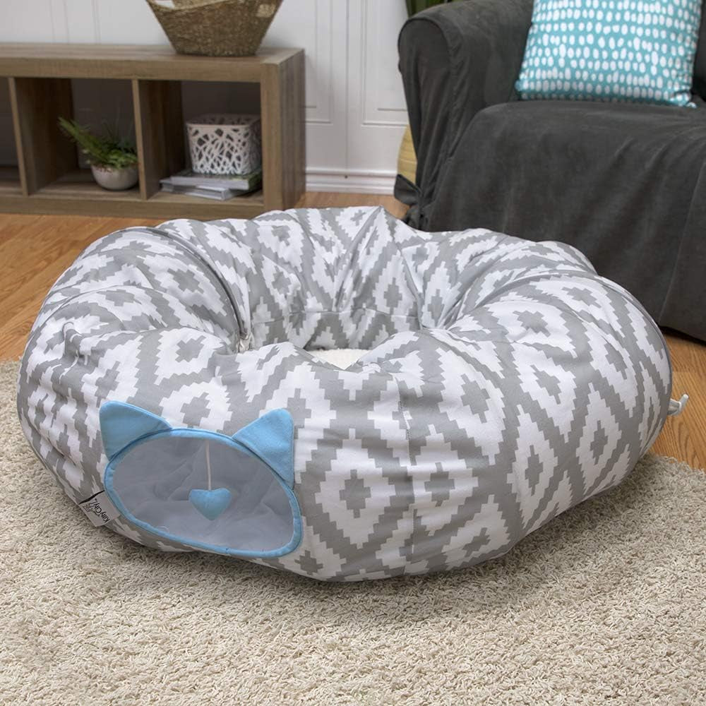 Kitty City Large Cat Tunnel Bed, 2-In-1 Zip-Together Cat Play Tunnel & Plush Nap Bed, Pop-Up Indoor Cat Toy with Hanging Toys, Collapsible Design - White