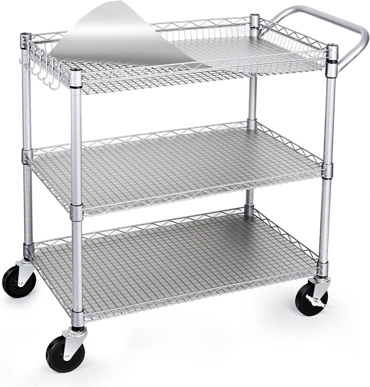 WDT 990Lbs Capacity Heavy Duty Rolling Utility Cart, NSF Rolling Carts with Wheels,Commercial Grade Metal Cart with Handle Bar & Shelf Liner,Trolley Serving Cart for Restaurant,Kitchen,Gray