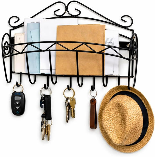 Dependable Industries Inc. Essentials Wall Mounted Mail and Key Holder – Black Metal Entryway Organizer with 5 Hooks for Letters, Leashes and Accessories – Decorative Scroll Design
