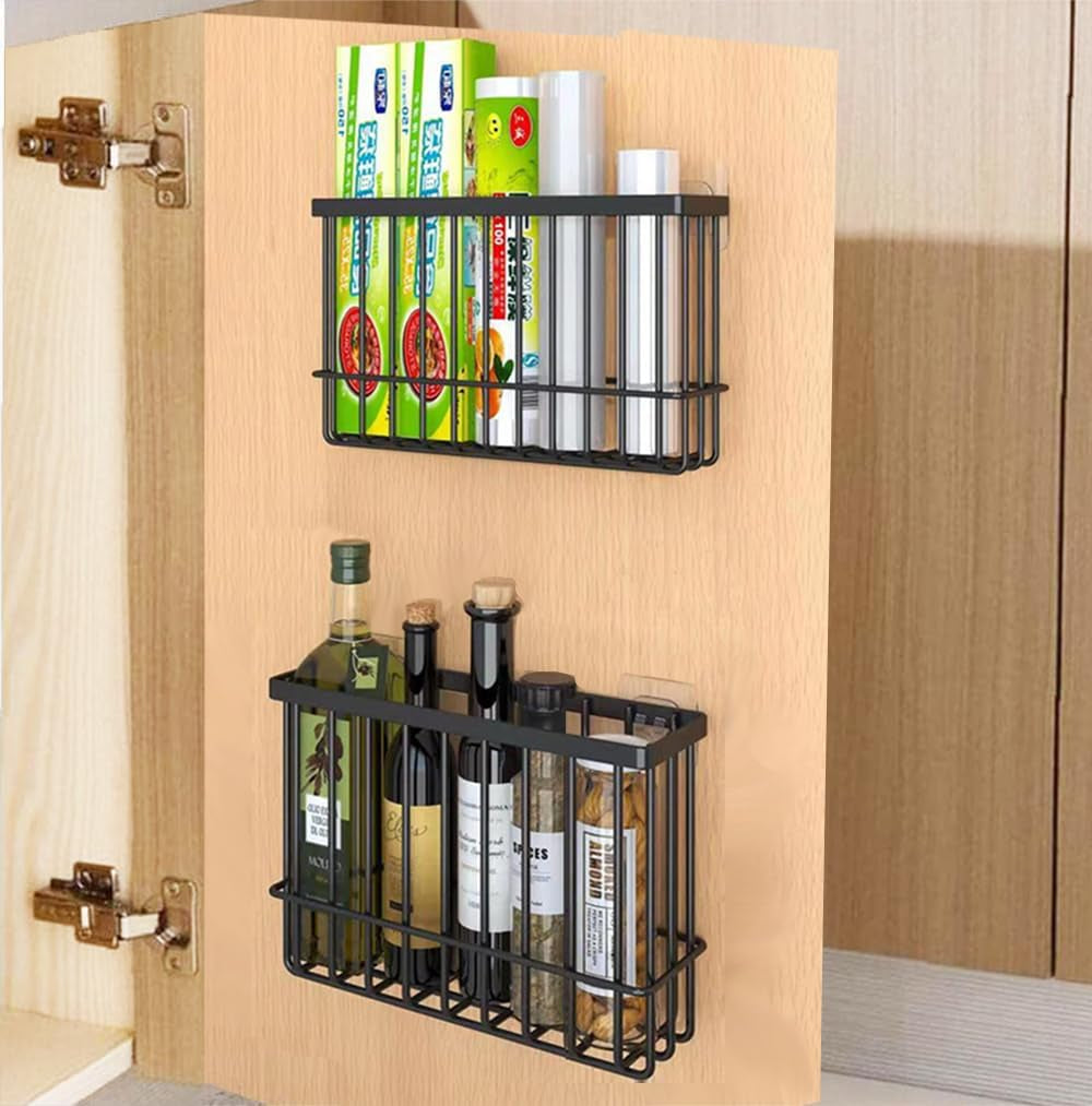 2 Piece Kitchen Cabinet Door Storage Box,Self Adhesive Wall Mounted Storage Boxes,Wardrobe/Bathroom/Refrigerator Small Items Organizer Storage Box (Black)