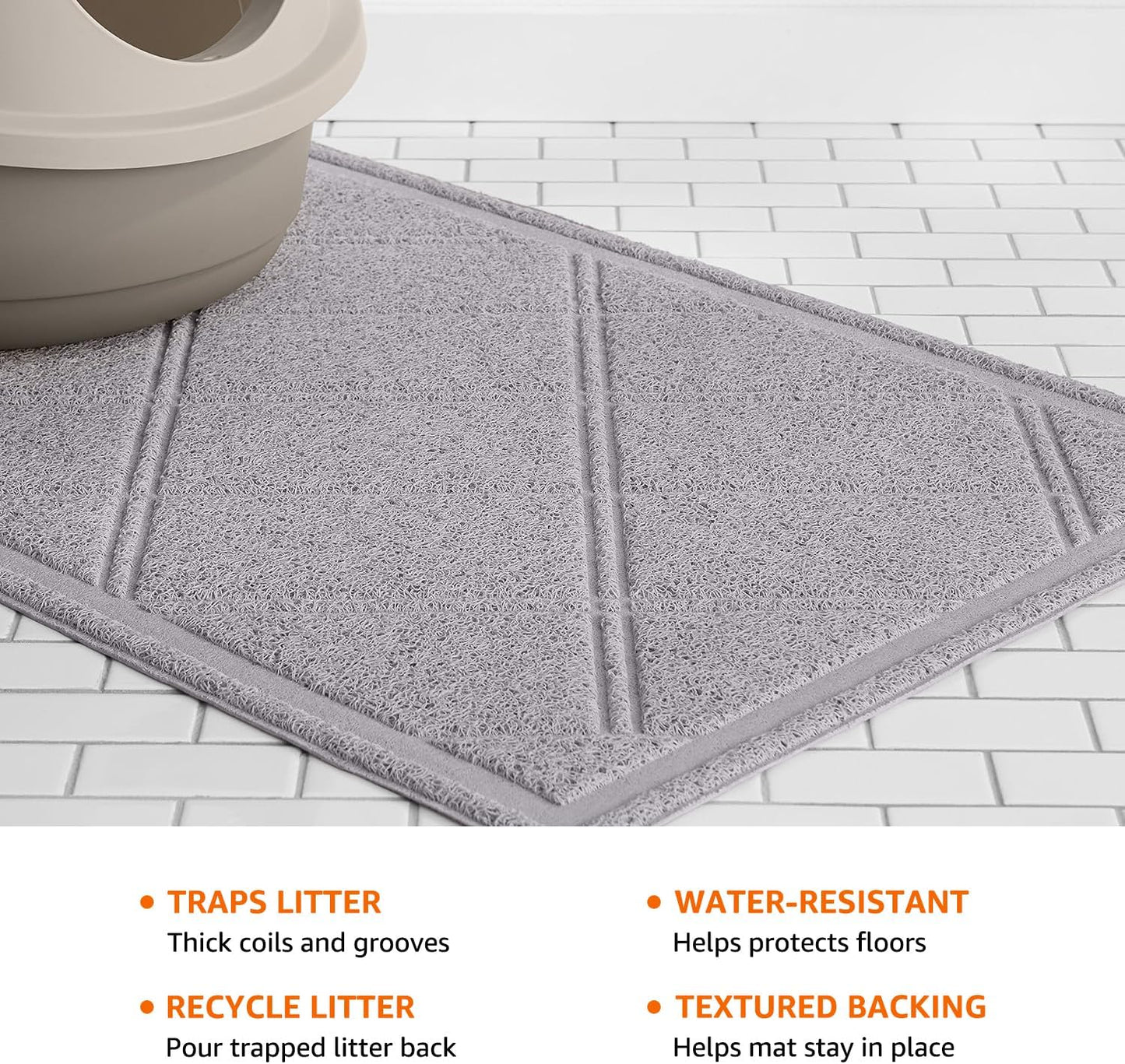 Amazon Basics Less-Mess Litter Trapping Cat Litter Box Mat, Soft on Kitty Paws, Waterproof, Scatter Control, 24" X 35", Grey