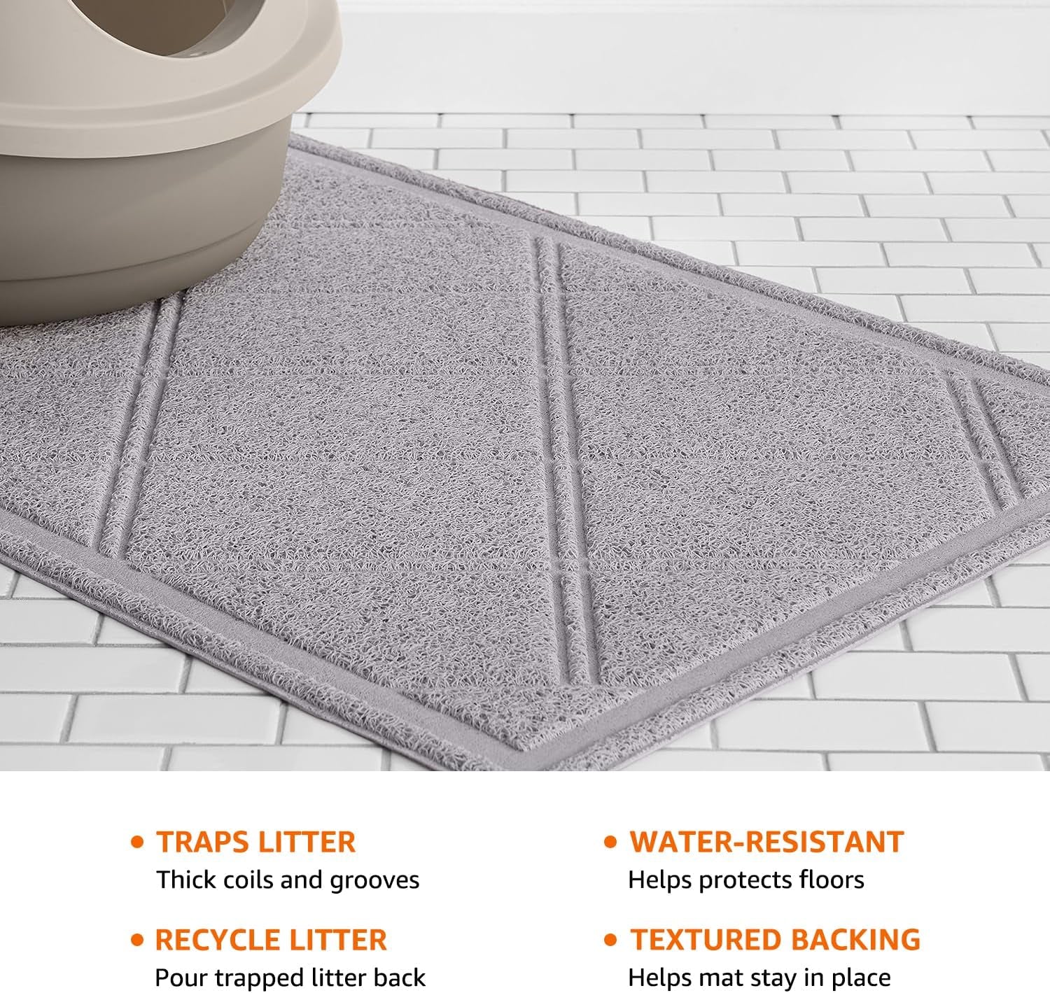 Amazon Basics Less-Mess Litter Trapping Cat Litter Box Mat, Soft on Kitty Paws, Waterproof, Scatter Control, 24" X 35", Grey