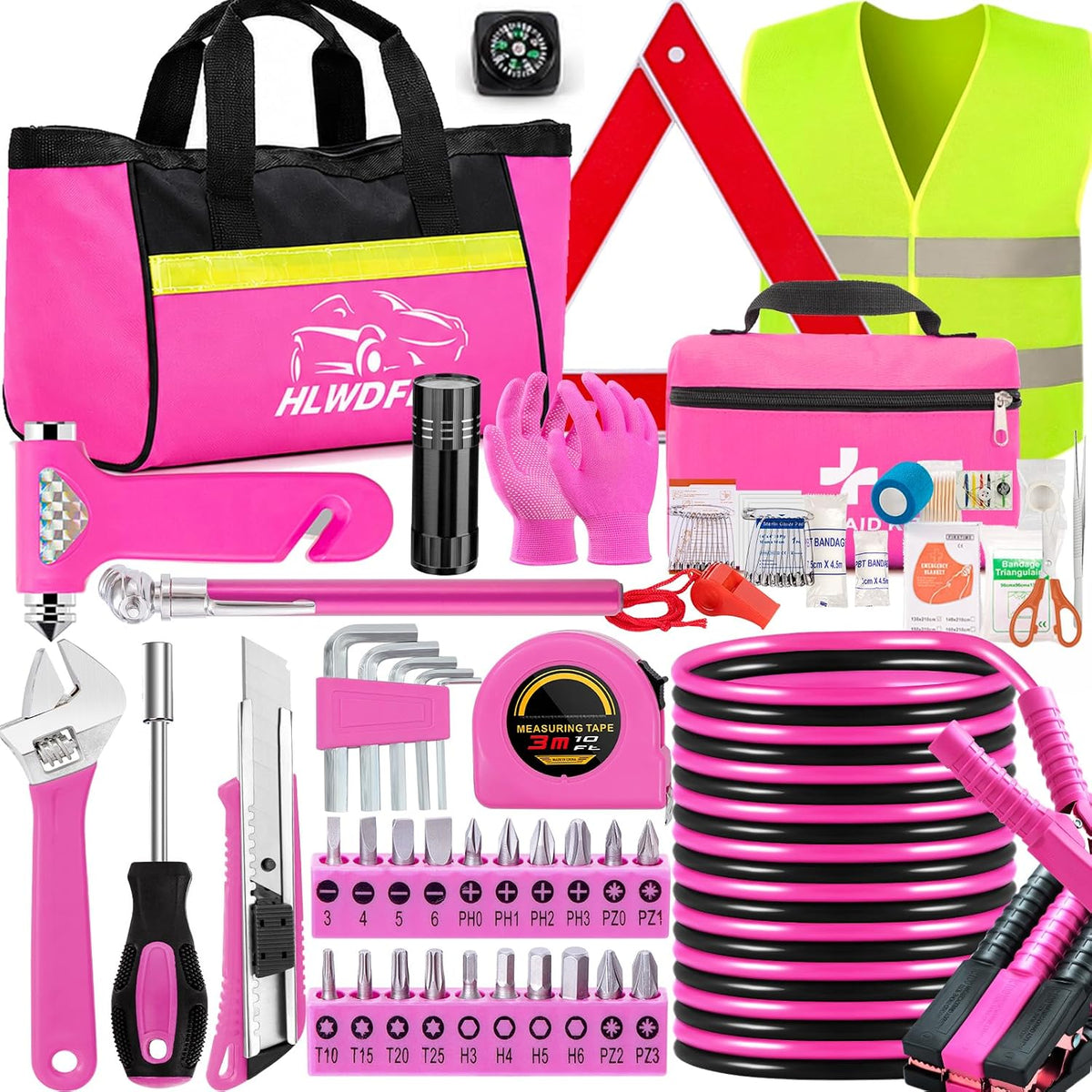 Car Roadside Safety Kit - 129Pcs Pink Winter Emergency Road Side Assistance Kits Auto Essential Kit for Men, Women, Teen