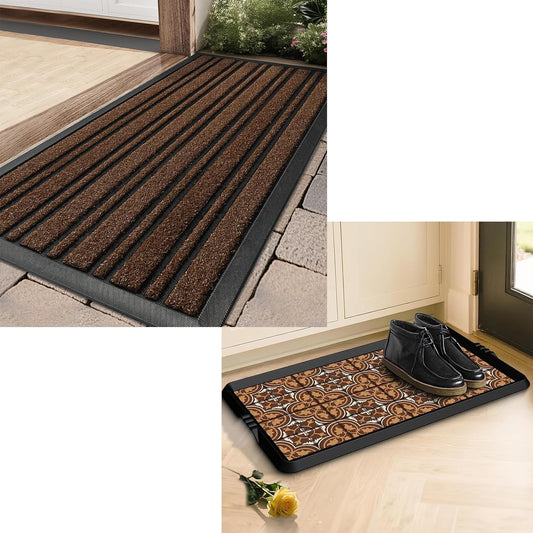 BEHERO 2 Pack Door Mat Outdoor Entrance Waterproof All-Season Doormats, 30.5X17 Inches, Yellow; 16" X27.5" Boot Tray Shoe Mat Decorative Patterned, Rubber Boot Matt Tray Indoor and Outdoor Use
