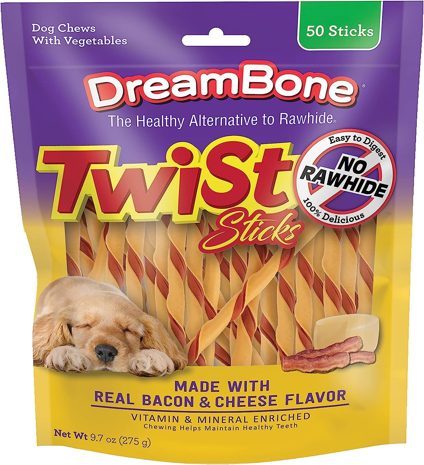 Dreambone Twist Sticks, Made with Real Bacon and Cheese Flavor, Rawhide-Free Chews for Dogs, 50 Count