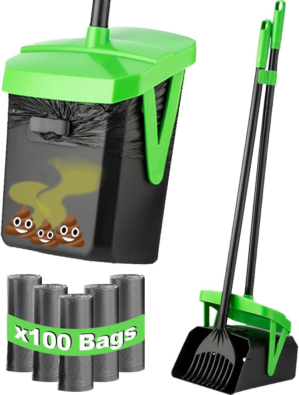 FUSBUNTY Dog Pooper Scooper, Swivel Bin & Rake Set with 100 Waste Bags | Bag Attachment & Lid for Hands-Free Waste Cleanup on Lawn, Yard & Kennel. Designed for Small, Medium & Large Dogs.