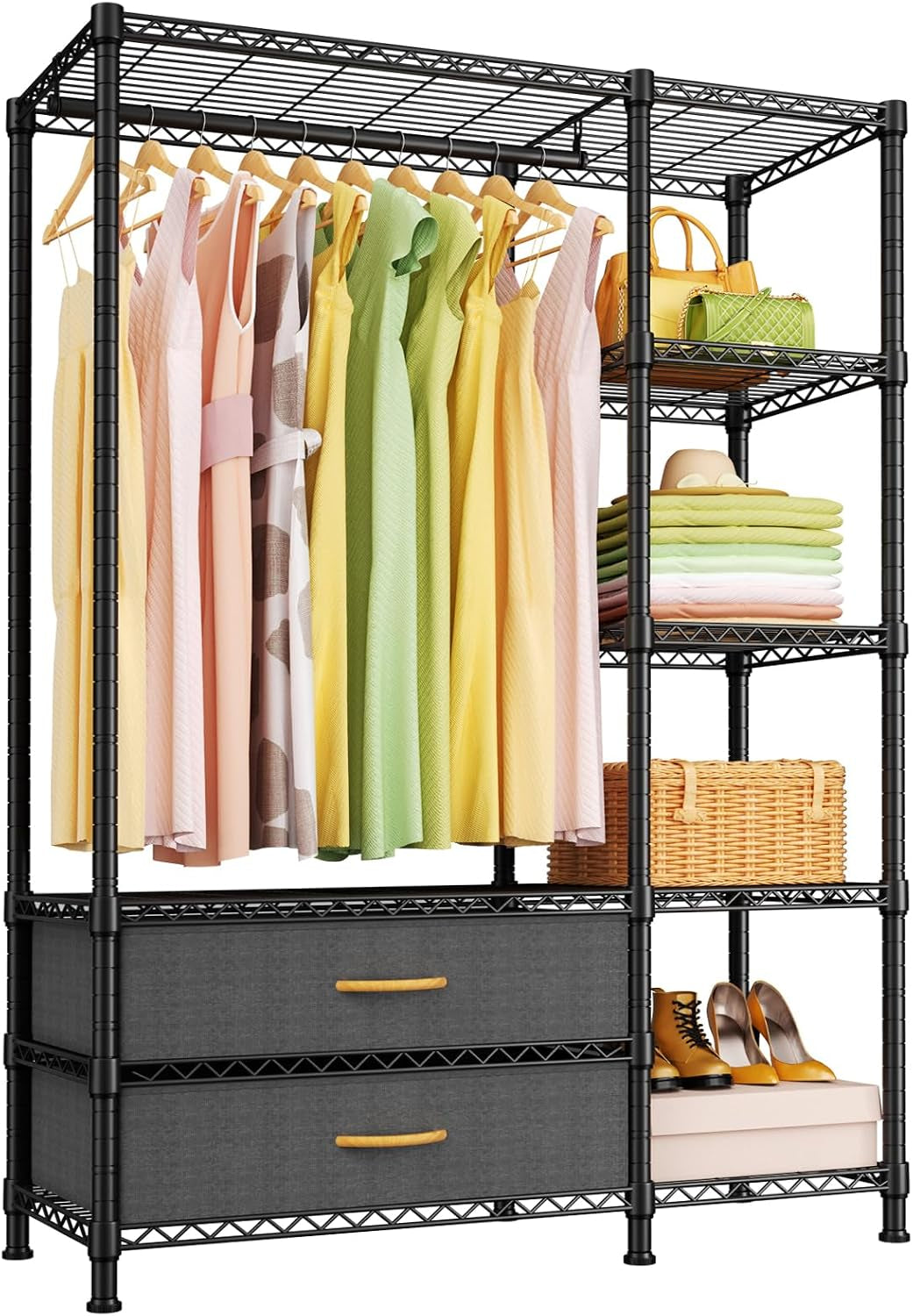 Ulif F3 Heavy Duty Clothes Rack（With Fabric Drawers）Freestanding Clothing Racks for Hanging Clothes，Adjustable Closet Organizer System，Portable Garment Rack 40" W X 15" D X 72" H，Max Load 700Lbs，Black