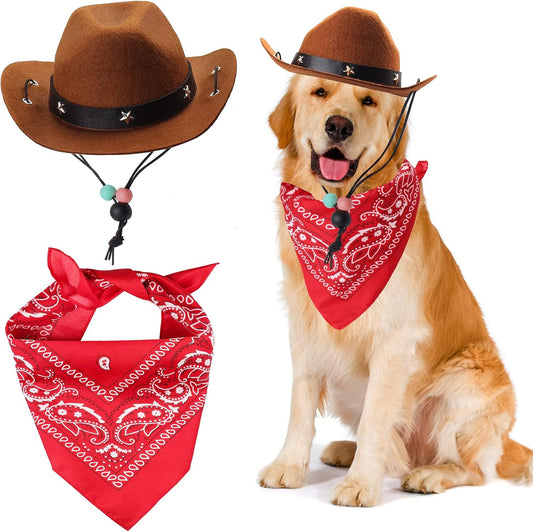 Yewong Pet Cowboy Costume Accessories - Dog Cat Pet Size Cowboy Hat and Bandana Scarf West Accessories for Puppy Kitten Party Festival and Daily Wearing Set of 2 (Coffee)