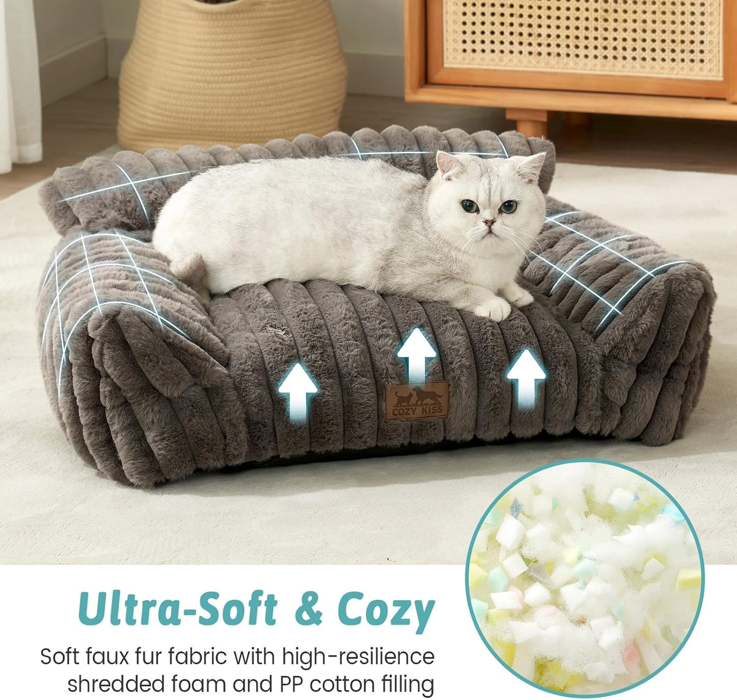 COZY KISS Cute Cat Couch, Fluffy Sofa Bed for Cats and Small Dogs, Premium Faux Rabbit Fur Cats Beds for Indoor Cat, Ultra-Soft Supportive Pet Couch Furniture (Grey, M: 31.5''X23.5'')