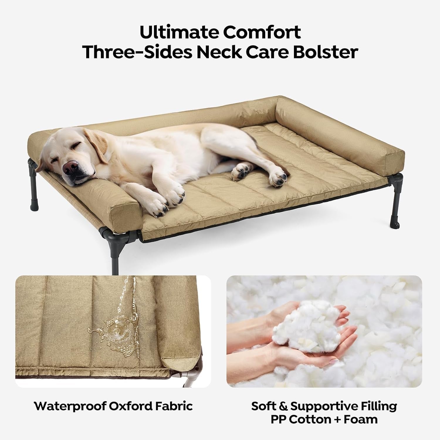Veehoo Cooling Elevated Dog Bed Add Removable Waterproof Bolster Cushion Mat, Raised Pet Cot with Breathable Teslin Mesh, No-Slip Feet, Dog Couch Bed for Indoor Outdoor, 42X30Inches, Beige, CWC2331B