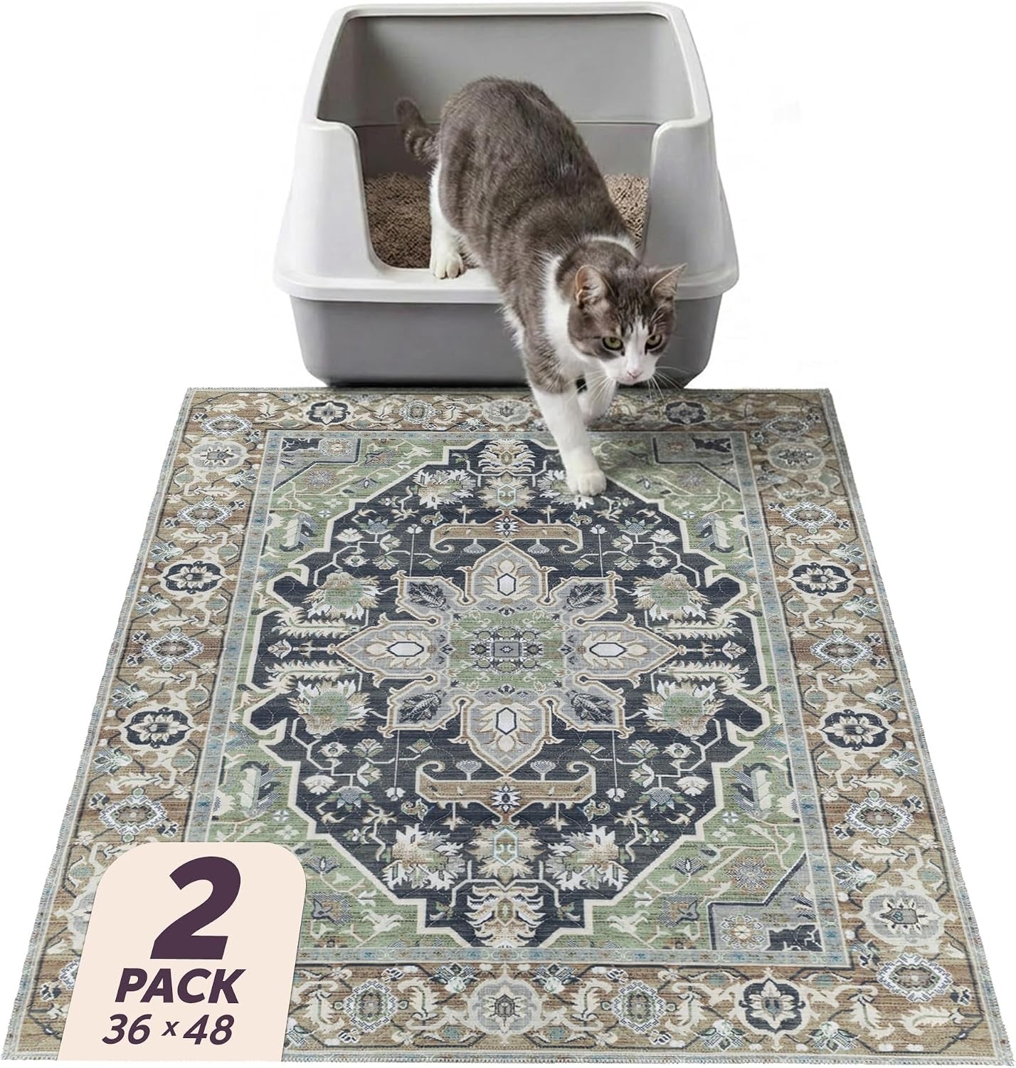 Lovewag Cat Litter Mat, Litter Box Mat, Sage Forest, 36X48, 2 Pack | Washable Litter Mat Cover, Kitty Litter Mat & Cat Mat for Litter Box, Litter Trapping Mat, Prevents Tracking, Multi-Cat