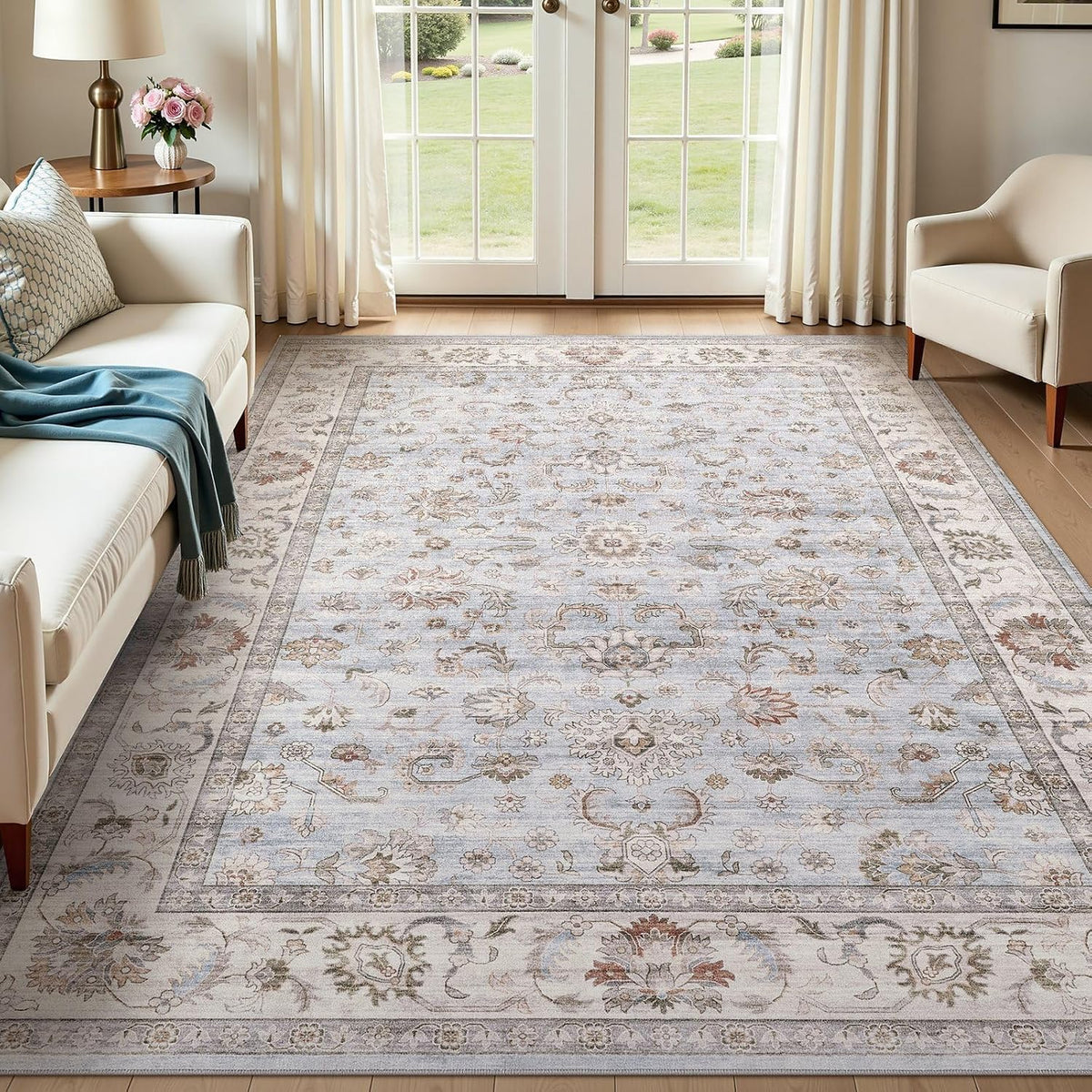 WITSHOCK Washable Area Rug 5X7 Non-Slip Floral Boho Carpet, Gray/Light Blue