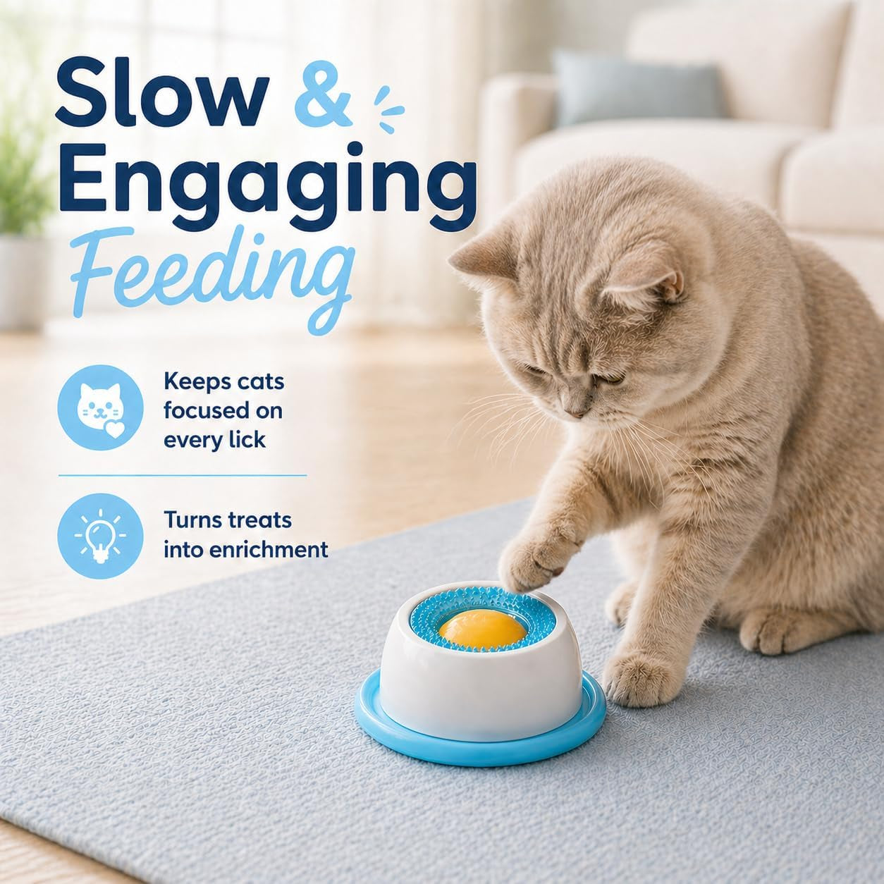 Cat Lick Bowl, Interactive Cat Slow Feeder Bowl & Lick Mat for Cats, Textured Lick Ring with Center Dome, Cat Enrichment Toy for Treat Paste, Puree, Yogurt, Wet Food, Stable Base, Blue