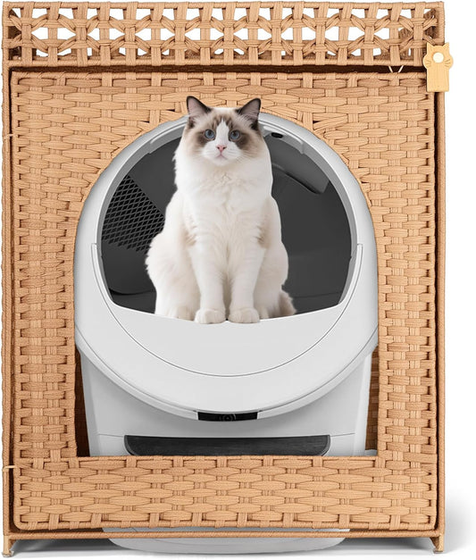 Self Cleaning Cat Litter Box Enclosure, XXL Extra Large Hidden Litter Box Furniture Cabinet, Handwoven PE Rattan Dog Proof Enclosed Litterbox, Fits Most Automatic Litter Boxes, Natural