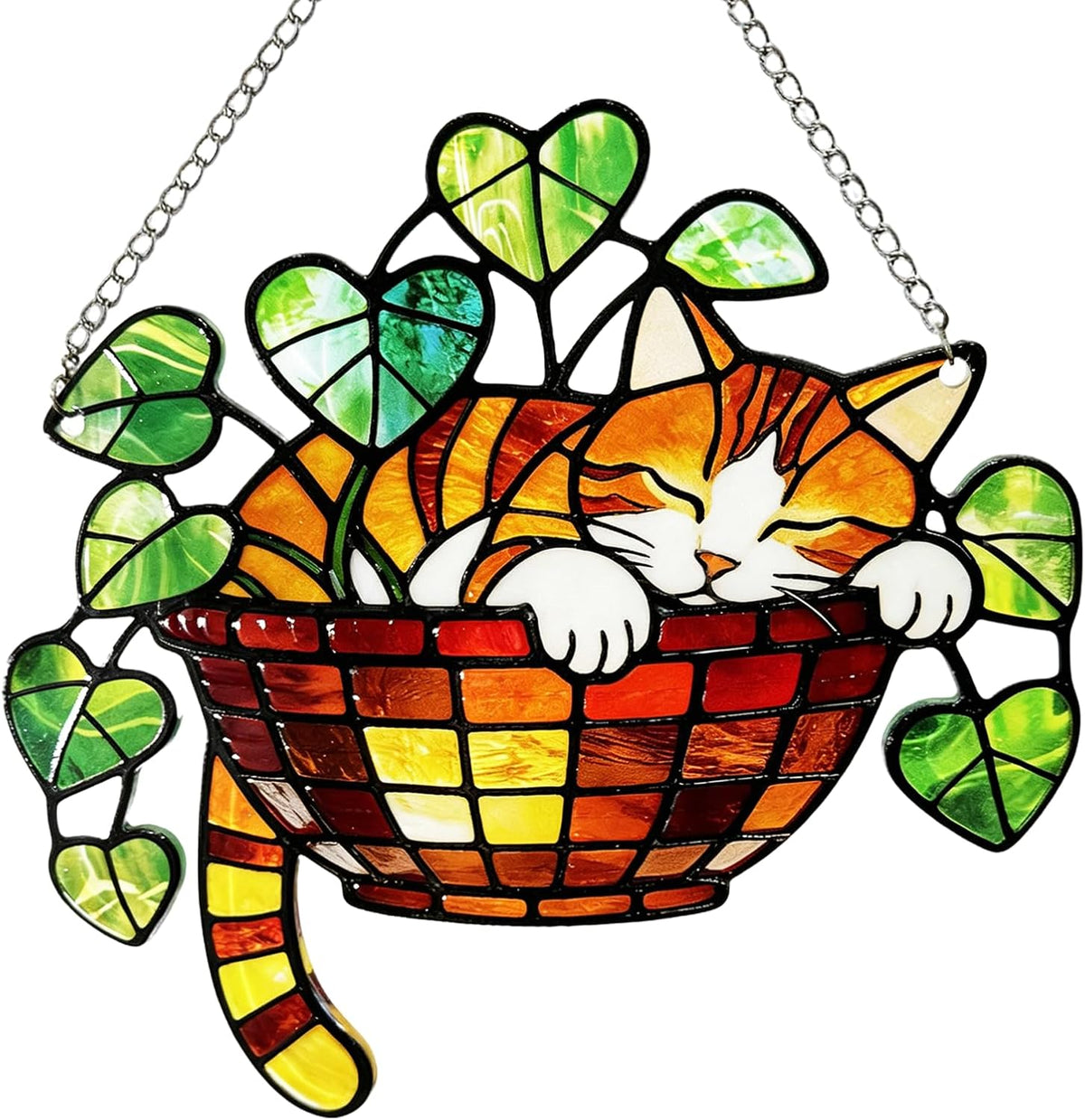 Cat Plant Suncatcher Stained Glass, Cozy Cat Hiding in Pot Basket Ornament