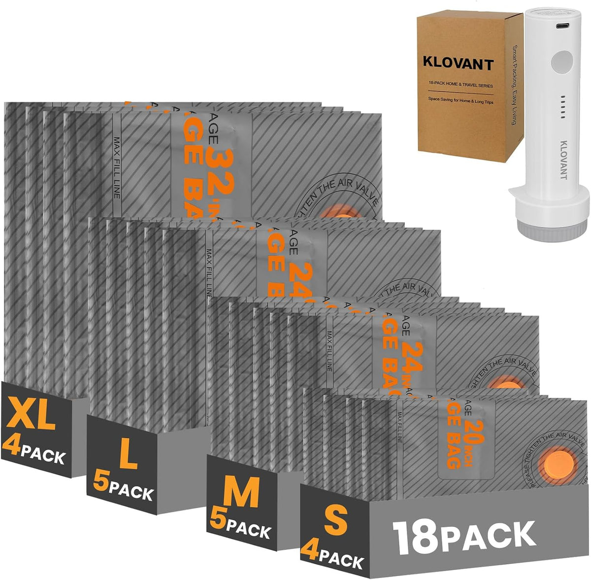 XL Vacuum Storage Bags with Cordless Pump, 18-Pack 4 Sizes for Home Travel