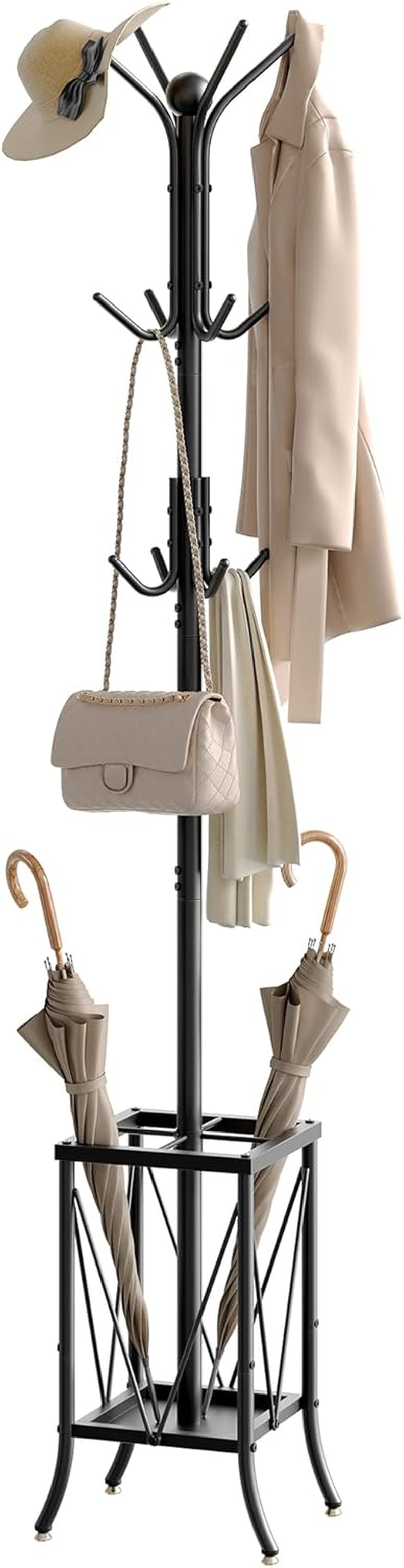 CHOEZON Coat Rack Freestanding, Coat Rack with Umbrella Holder, Entryway Hanger Stand With12 Hooks, Metal Hall Tree for Bags, Coats, Hats, Entryway, Hallway, Living Room, Bedroom, Office Black TYM01BB