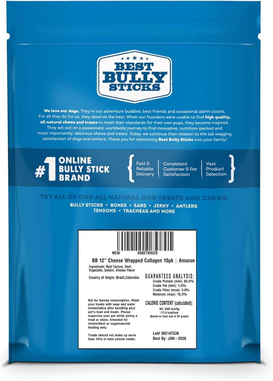 Best Bully Sticks Cheese Wrapped Beef Collagen Sticks - 12 Inch 10 Count (Pack of 1) - All-Natural, USA Baked and Packed, Easily Digestible, Limited Ingredient, Rawhide Alternative