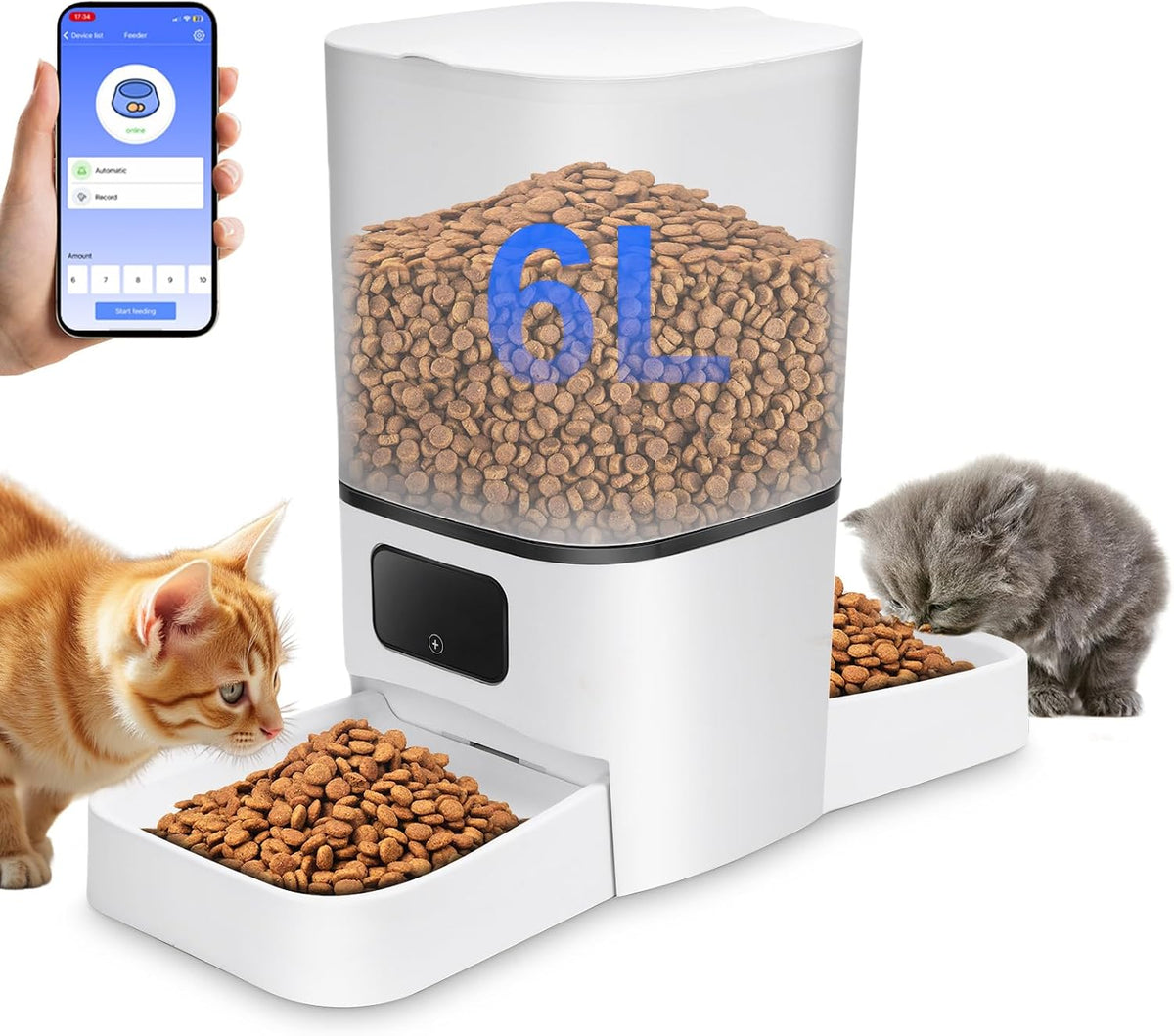 Gugxiom 6L Automatic Cat Feeder for 2 Cats, Cat Food Dispenser, Large Capacity Double Bowls Detachable, Smart APP Control Pet Food Dispenser