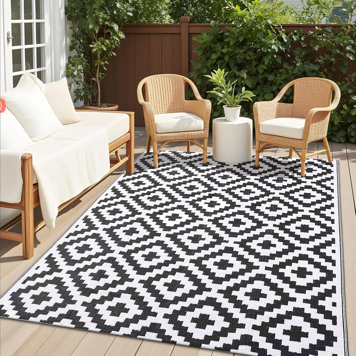 OLANLY Outdoor Rug 5X8 Ft Waterproof Reversible Mat, Black & White