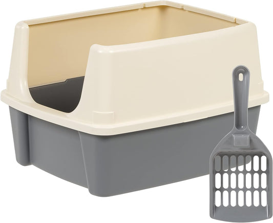 Amazon Basics Large Cat Litter Box with High Sides, Open Top for Easy Access, Includes Scoop with Storage, 19" X 15" X 11.75", Grey/Beige