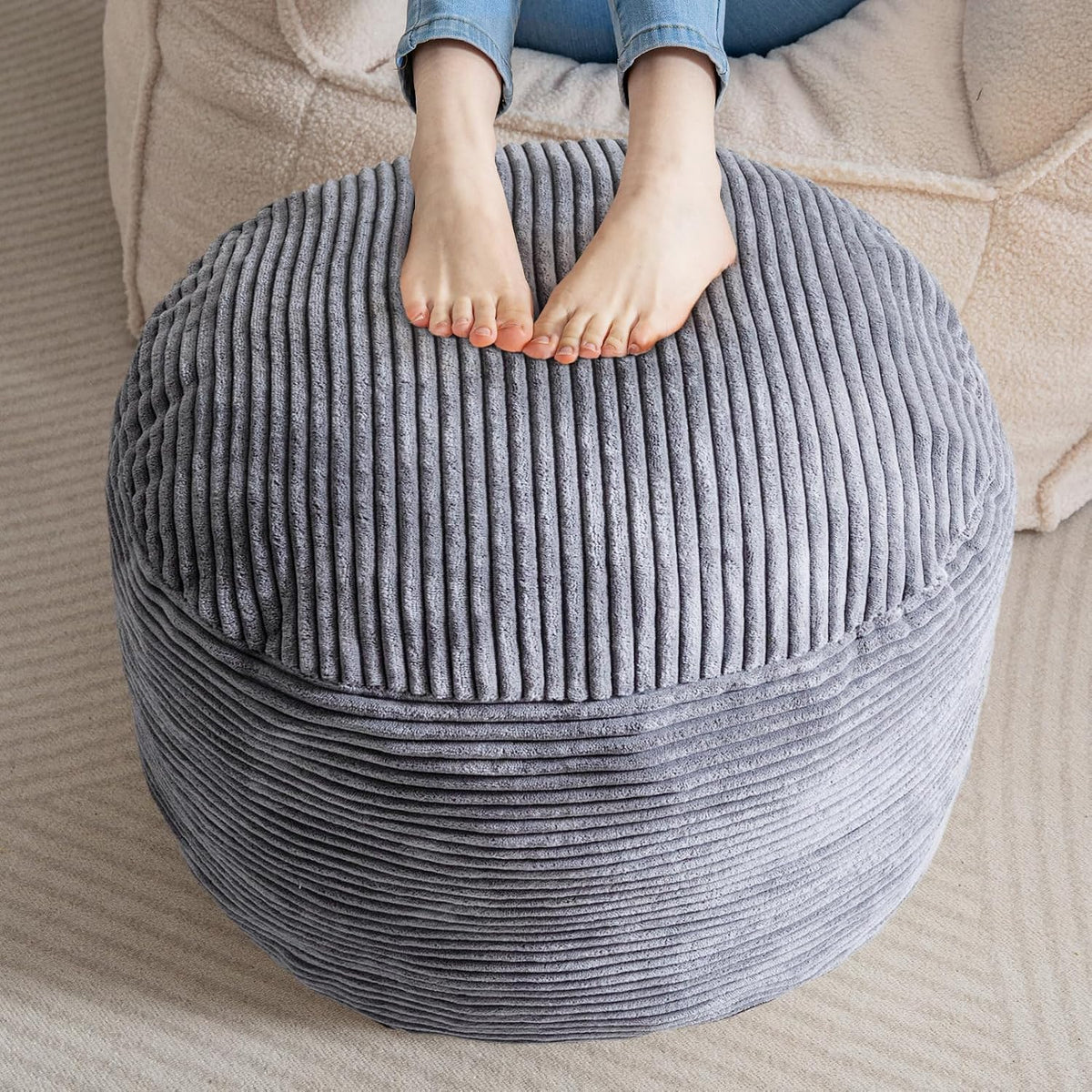 HIGOGOGO round Stuffed Pouf Ottoman, Corduroy Poufs with Foam Chunk Filling, Furry and Fluffy Pouf Foot Stool Storage Ottoman, 20 X 15 Floor Poufs Foot Rest for Living Room, Dark Grey