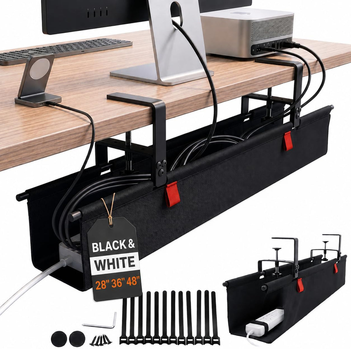 Under Desk Cable Management Tray 36" — No Drill Clamp-On Cord Organizer for Desk with Built-In Ties, Heavy Duty Metal Clamp, Foldable 600D Oxford Fabric for Home Office, WFH & Gaming PC Setup (Black)