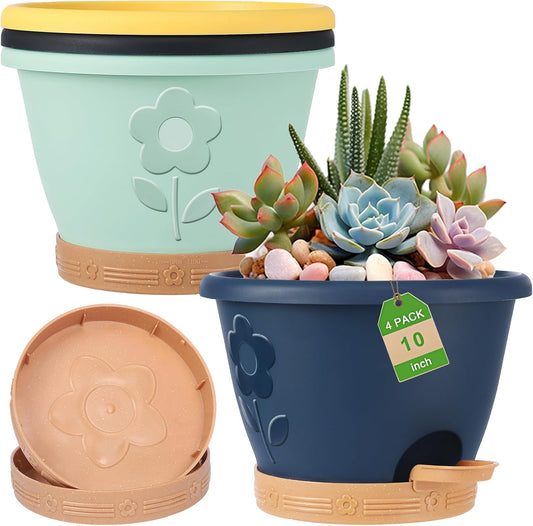 Gegemaoyi Plastic Plant Pots 10 Inch Set of 4, Self Watering Pots with Drainage Holes, Saucer & Reservoir, Flower Pots for Indoor/Outdoor Plants, Decorative Nursery Planting Pots (Multicolor)
