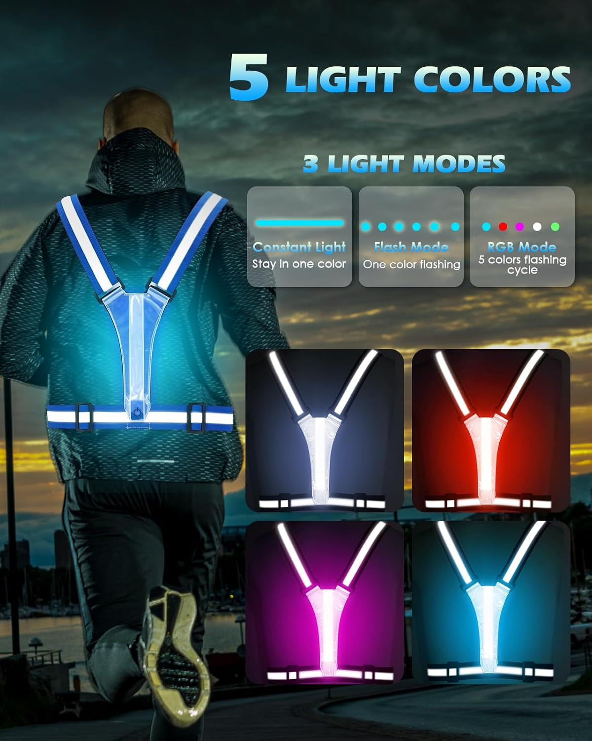 Zacro LED Reflective Vest Running Gear, 5 Lights Colors High Visibility Reflective Running Gear Rechargeable Light up Running Vest for Walking Running Cycling, Adjustable for Men Women Kids