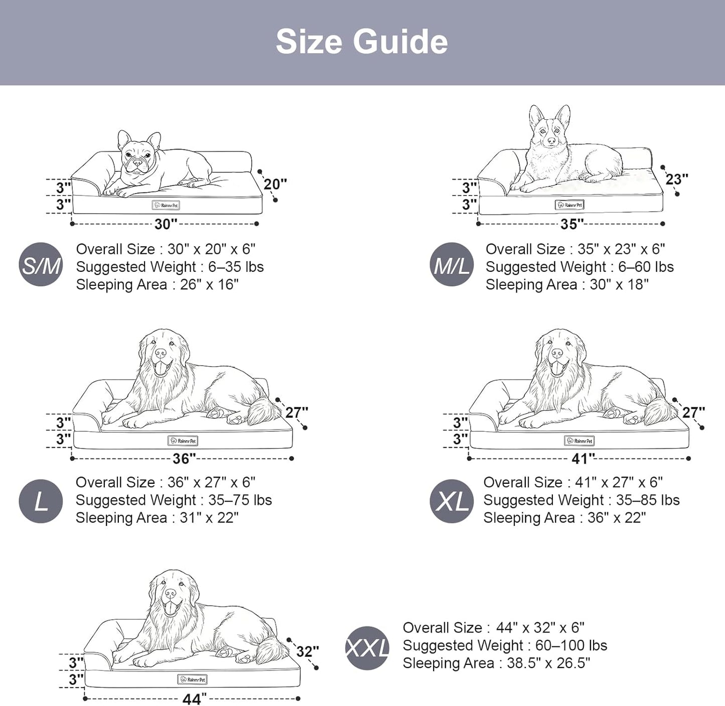 Rainmr Orthopedic Dog Bed Medium Size Dog, Memory Foam Dogs Bed for Medium Dogs, Washable Removable Cover, Nonskid Bottom, Waterproof, for Indoor, Outdoor, Crate ＆ Car Use, 35X23X6 Inches, Light Grey