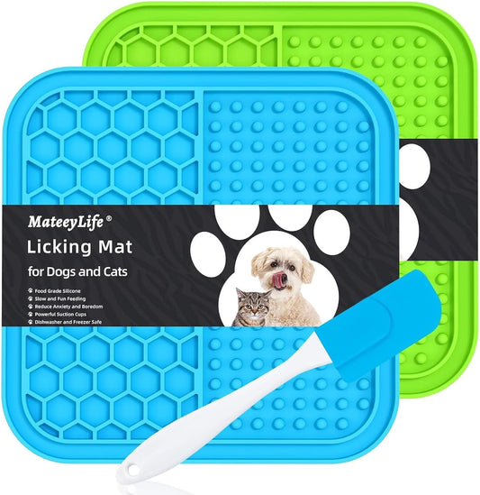 Mateeylife 2PCS Small Lick Mat for Dogs and Cats, Licking Mats for Dog Anxiety Relief, Cat Peanut Butter Lick Pad for Boredom Reducer, Dog Treat Mat Perfect for Bathing Grooming Blue&Green