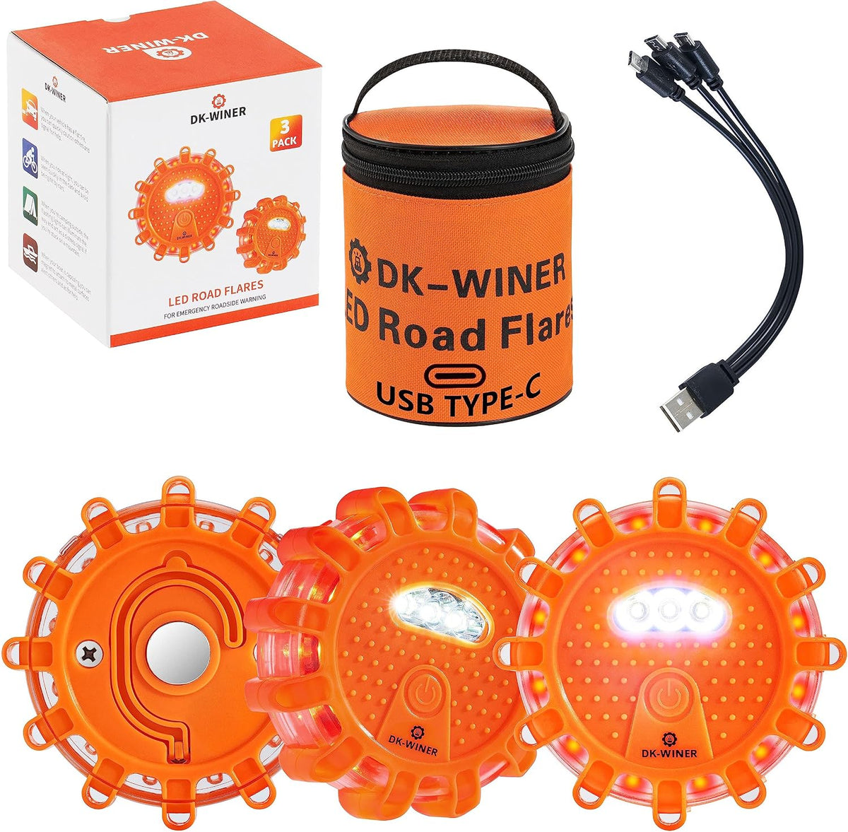 3 Pack LED Road Flares, Type-C Rechargeable Magnetic Safety Kit