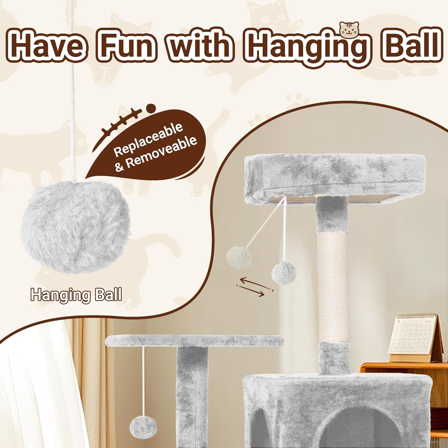 54-Inch Cat Tree Tower with 2 Caves & 2 Pompoms - Multi-Level Tower for Indoor Cats, Soft Plush Condo with Scratching Posts - Sturdy Base for Large Cats (Light Grey01)