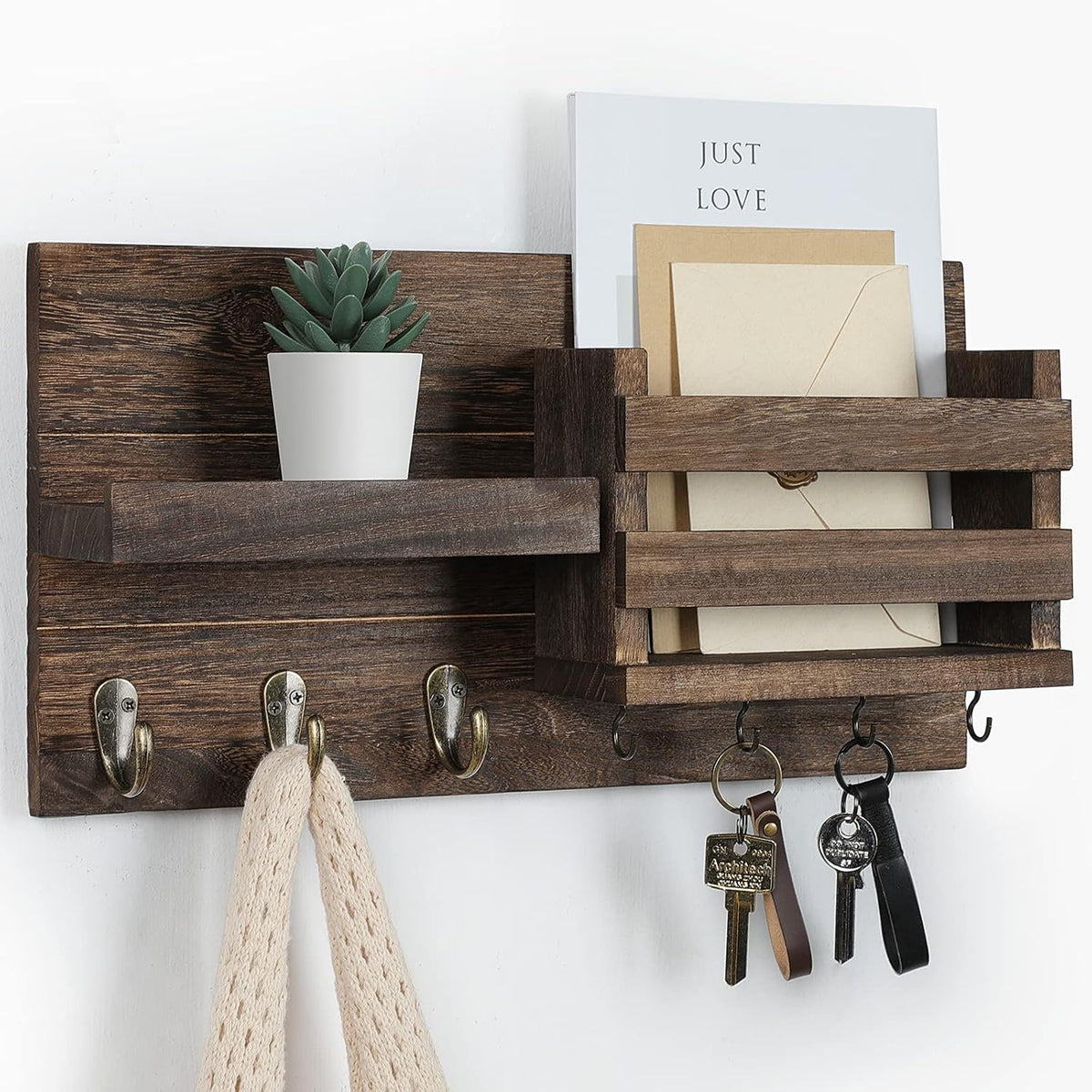 Lwenki Mail Organizer for Wall Mount – Key Holder with Shelf Includes Letter Holder and Hooks for Coats, Dog Leashes – Rustic Wood with Flush Mounting Hardware (16.5” X 8.7” X 3.5”)